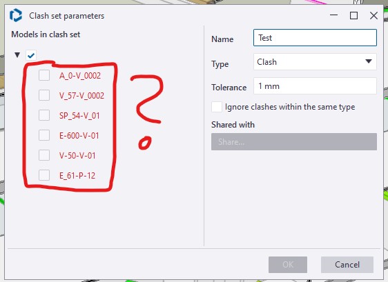 Red text for the files to add to clash set 